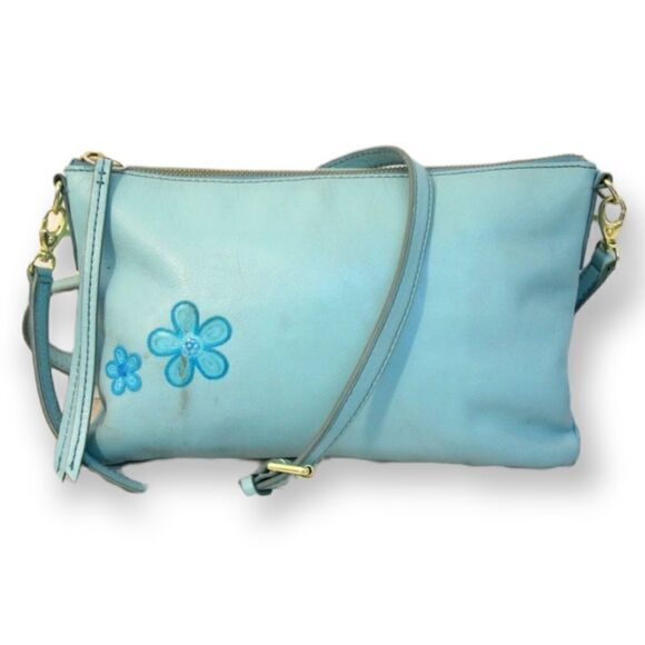 Fossil EMBROIDERED BLUE GENUINE LEATHER CROSSBODY SHOULDER BAG MESSENGER BAG - Picture 1 of 10